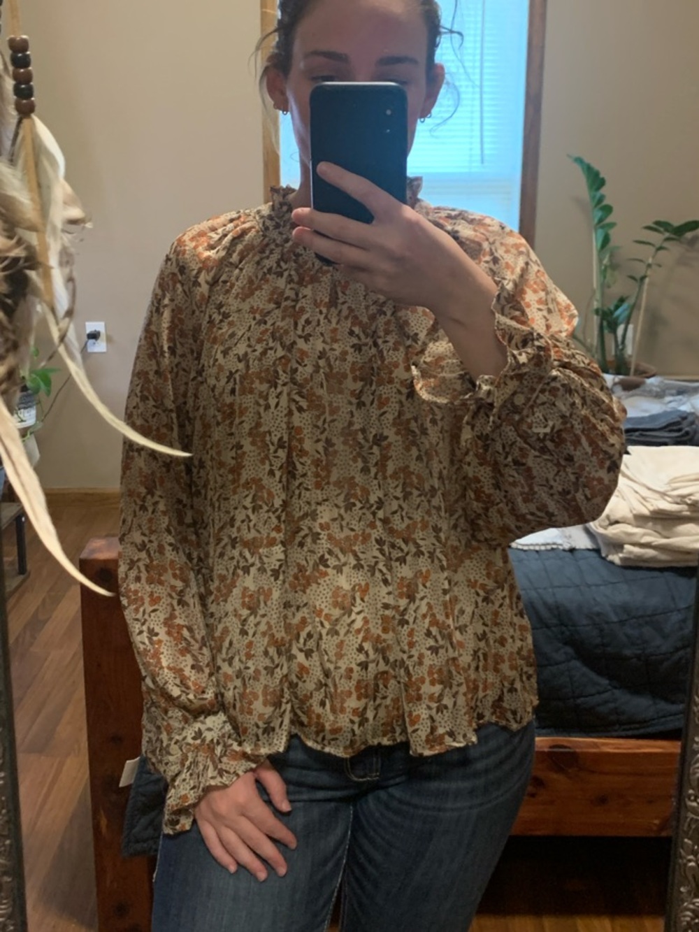 Floral Ruffle-Neck Long-Sleeve Blouse - Brown Floral